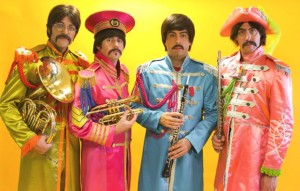 From left to right: Alex Alazar, Camille Gaede, Branden Figueroa and Alex Moore. Photo taken by Jason Powell. "Sgtpepper" shows Nate Bott ("John"), Axel Clarke ("Ringo"), Chris Paul Overall ("Paul") and Jesse Wilder ("George"). Photo taken by Michelle Fairless.