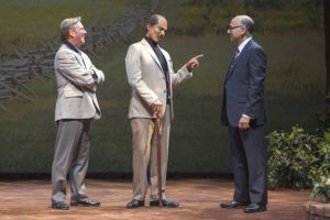from left) Richard Thomas as Jimmy Carter, Khaled Nabawy as Anwar Sadat, and Ned Eisenberg as Menachem Begin